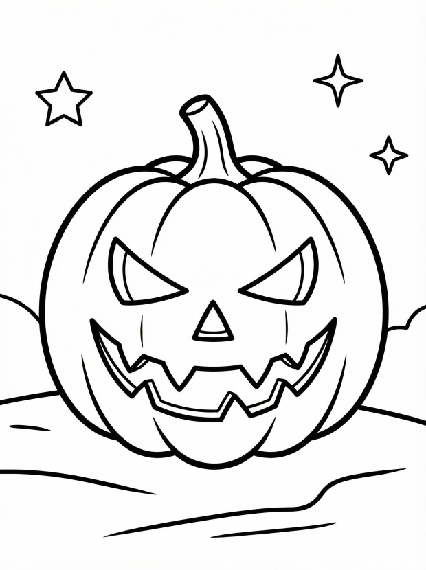 Free printable coloring page showing a scary pumpkin face with stars, perfect for kids to practice creativity and fine motor skills