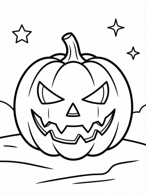 Free printable coloring page showing a scary pumpkin face with stars, perfect for kids to practice creativity and fine motor skills