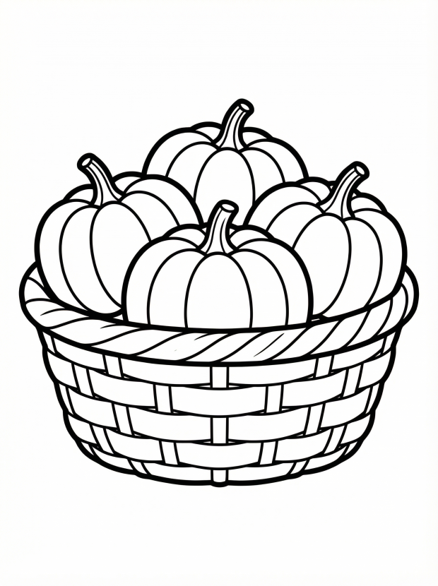 Free printable coloring page showing a basket of small pumpkins, perfect for kids to practice coloring and learn seasonal shapes