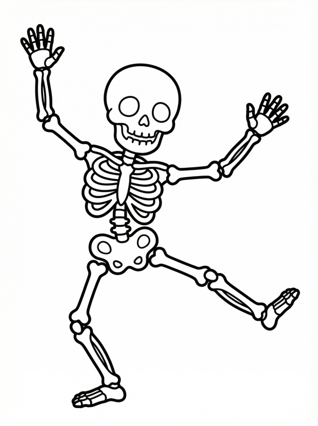 Free printable coloring page showing a dancing skeleton with raised arms and one leg up, perfect for kids to practice coloring and imagination