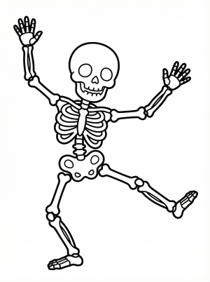 Free printable coloring page showing a dancing skeleton with raised arms and one leg up, perfect for kids to practice coloring and imagination