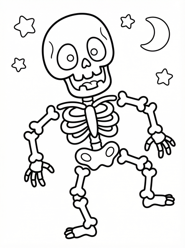 Free printable coloring page showing a funny skeleton with moon and stars, perfect for kids to practice coloring and creativity