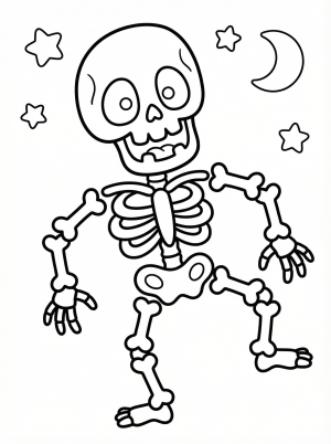 Free printable coloring page showing a funny skeleton with moon and stars, perfect for kids to practice coloring and creativity