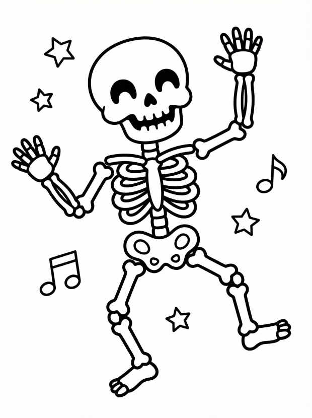 Free printable coloring page showing a cheerful dancing skeleton with stars and music notes, perfect for kids to practice coloring and creativity