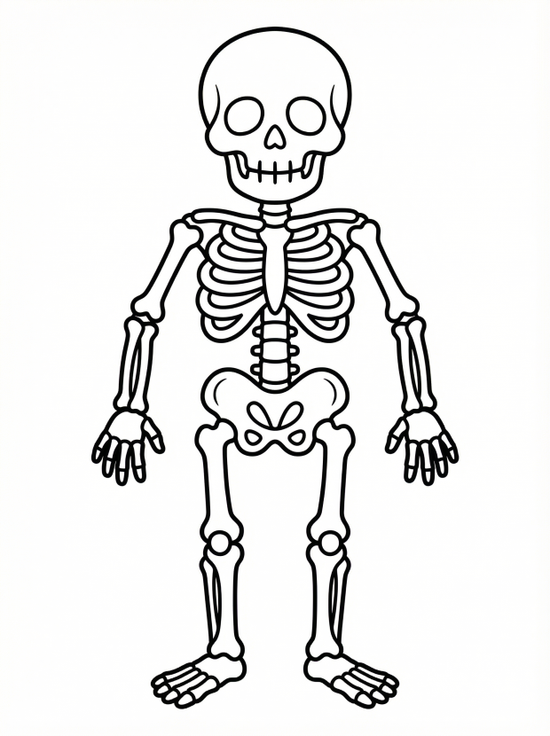 Free printable coloring page showing a full body skeleton, perfect for kids to learn bones and practice fine motor skills