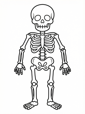 Free printable coloring page showing a full body skeleton, perfect for kids to learn bones and practice fine motor skills
