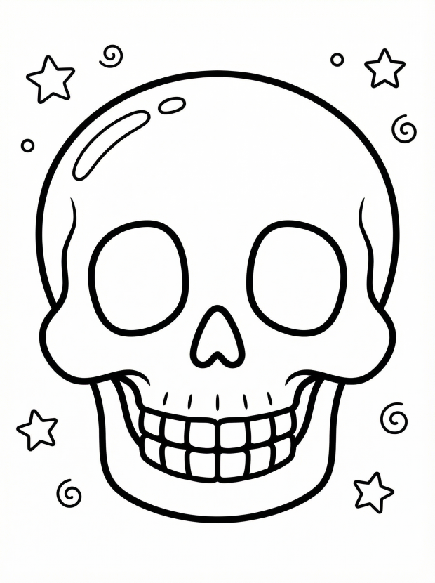 Free printable coloring page showing a smiling skull outline, perfect for kids to practice coloring and fine motor skills