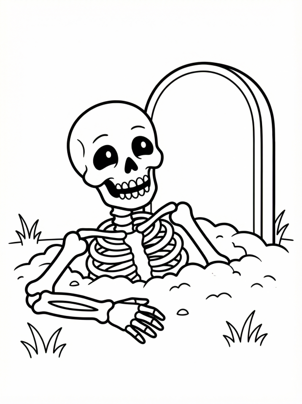 Free printable coloring page showing a smiling skeleton rising from a grave with a tombstone, perfect for kids to practice fine motor skills and creativity
