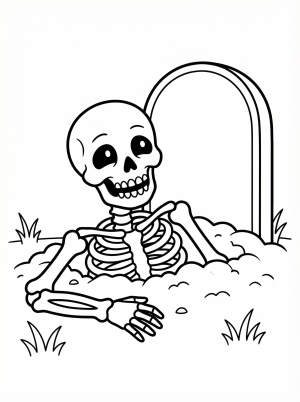 Free printable coloring page showing a smiling skeleton rising from a grave with a tombstone, perfect for kids to practice fine motor skills and creativity