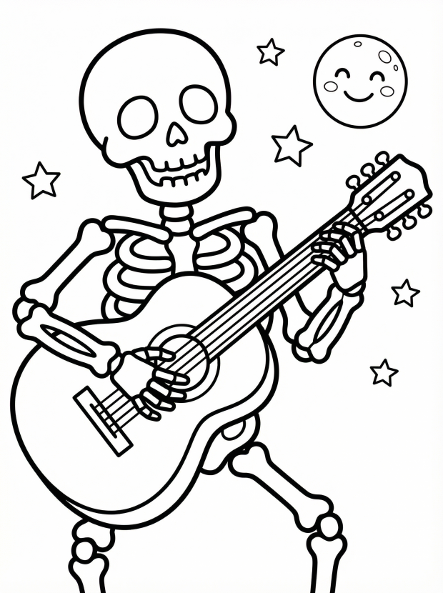 Free printable coloring page showing a skeleton playing a guitar, perfect for kids to build creativity and practice fine motor skills