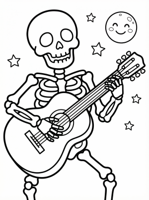 Free printable coloring page showing a skeleton playing a guitar, perfect for kids to build creativity and practice fine motor skills