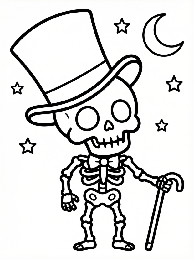 Free printable coloring page showing a skeleton wearing a top hat and holding a cane, perfect for kids to practice creativity and fine motor skills