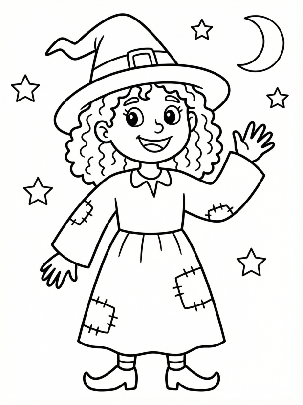 Free printable coloring page showing a friendly witch with stars and moon, perfect for kids to practice creativity and fine motor skills