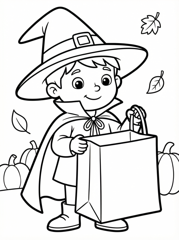Free printable coloring page showing a child in a witch costume holding a treat bag, perfect for kids to practice creativity and fine motor skills