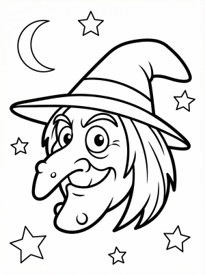 Free printable coloring page showing a smiling witch face with hat and stars, perfect for kids to practice coloring and creativity
