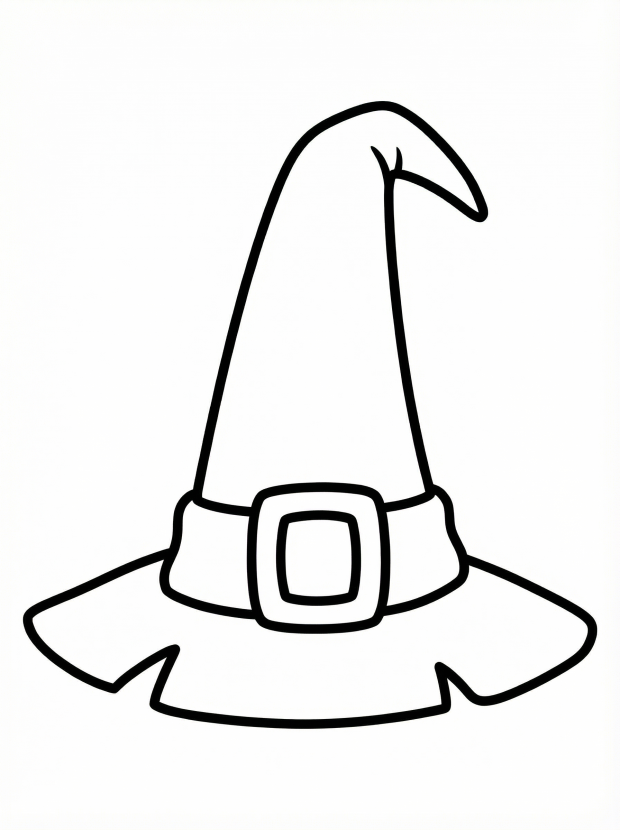 Free printable coloring page showing a tall witch hat with buckle, perfect for kids to practice coloring and creativity