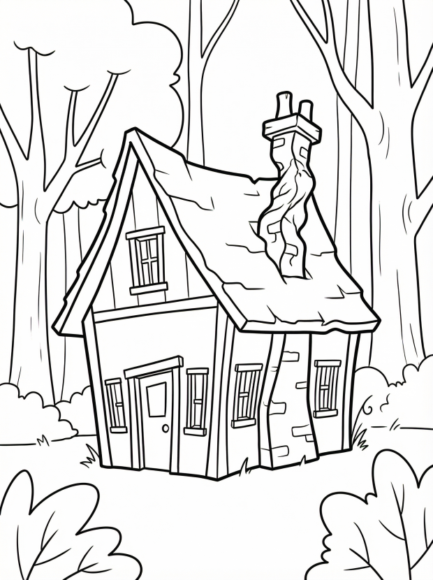 Free printable coloring page showing a crooked witch house in the woods, perfect for kids to practice coloring and imaginative play