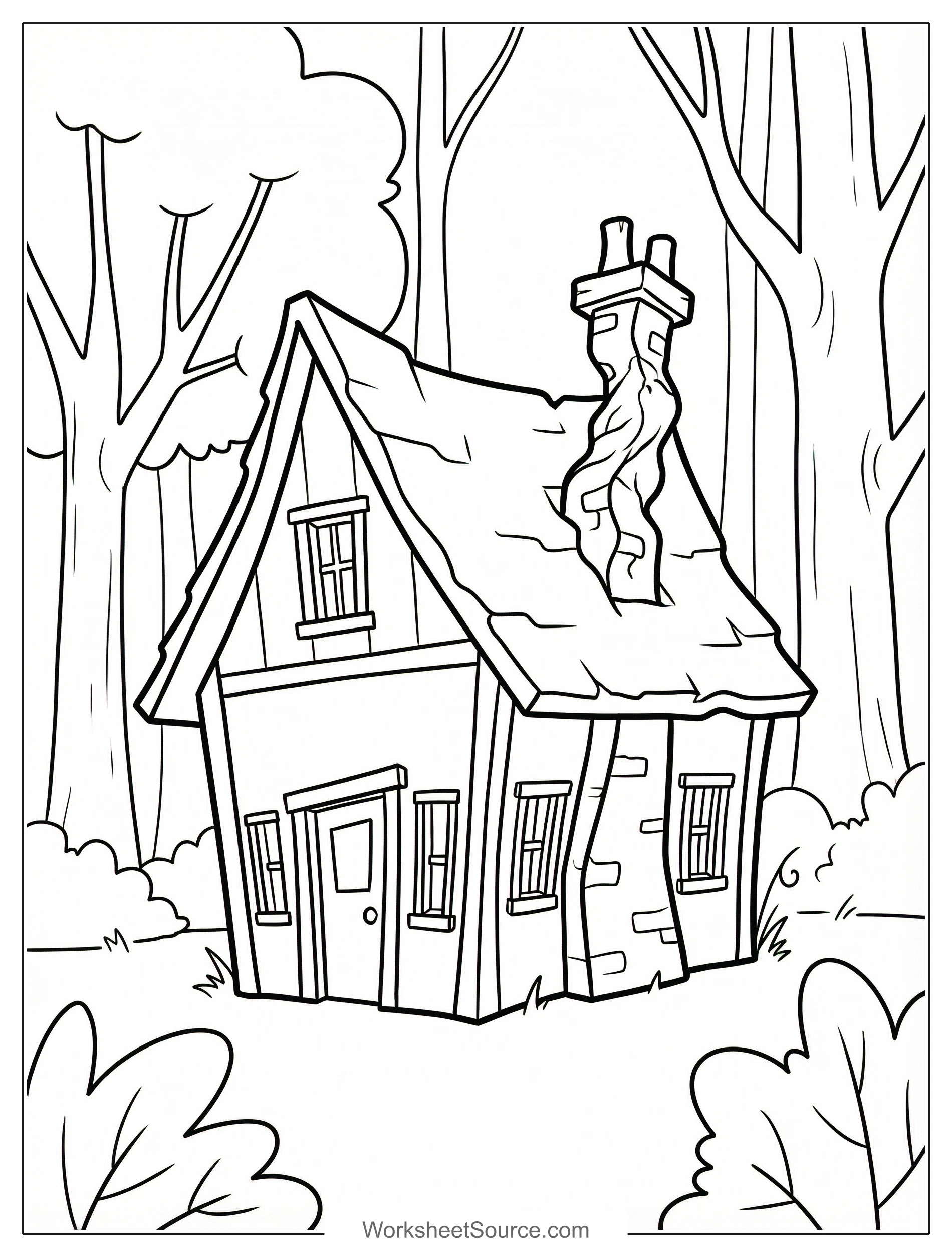 Free printable coloring page showing a crooked witch house in the woods, perfect for kids to practice coloring and imaginative play