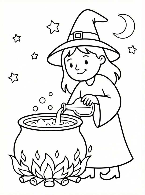 Free printable coloring page showing a witch pouring a potion into a cauldron, perfect for kids to practice fine motor skills and creativity