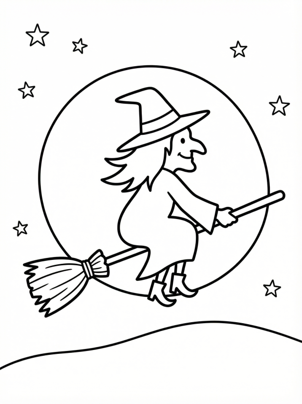 Free printable coloring page showing a witch flying on a broom in front of the moon, perfect for kids to practice creativity and fine motor skills