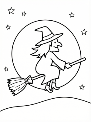 Free printable coloring page showing a witch flying on a broom in front of the moon, perfect for kids to practice creativity and fine motor skills