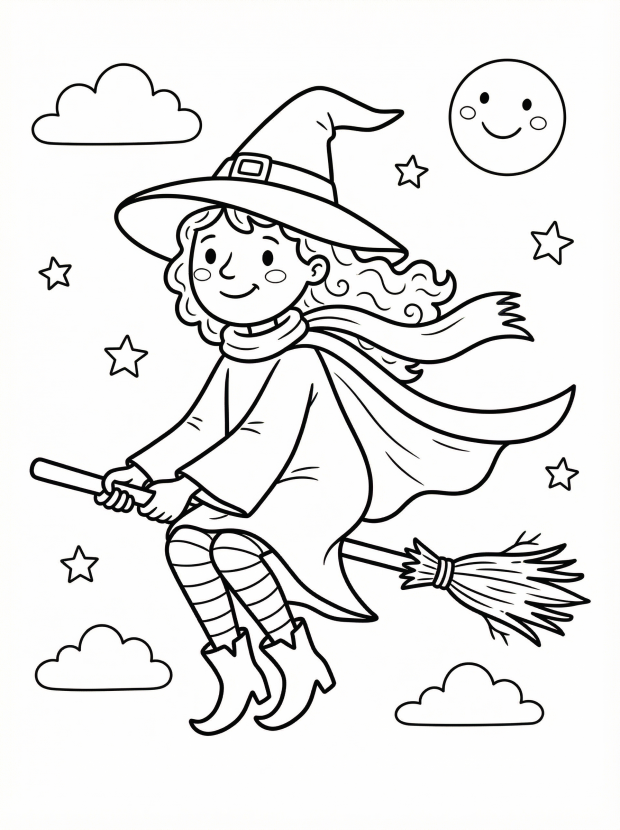 Free printable coloring page showing a smiling witch on a broom flying among stars and clouds, perfect for kids to practice fine motor skills and creativity
