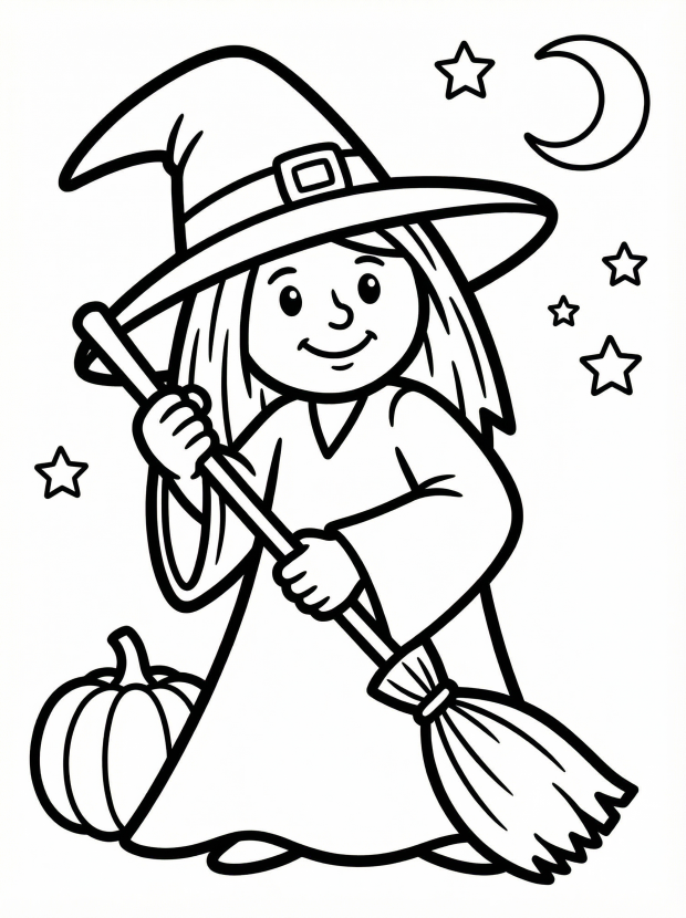 Free printable coloring page showing a smiling witch with broom and hat, perfect for kids to practice creativity and fine motor skills