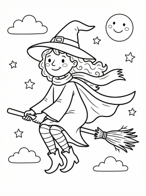 Free printable coloring page showing a smiling witch on a broom flying among stars and clouds, perfect for kids to practice fine motor skills and creativity