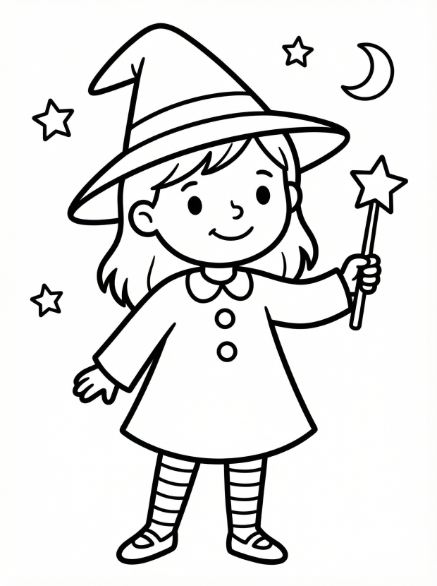 Free printable coloring page showing a cheerful young witch with hat and wand, perfect for kids to practice creativity and fine motor skills