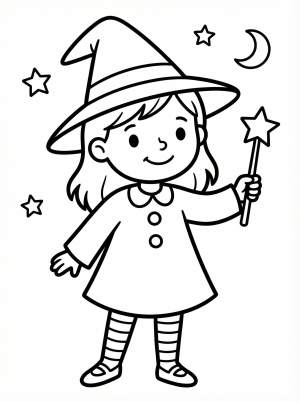 Free printable coloring page showing a cheerful young witch with hat and wand, perfect for kids to practice creativity and fine motor skills