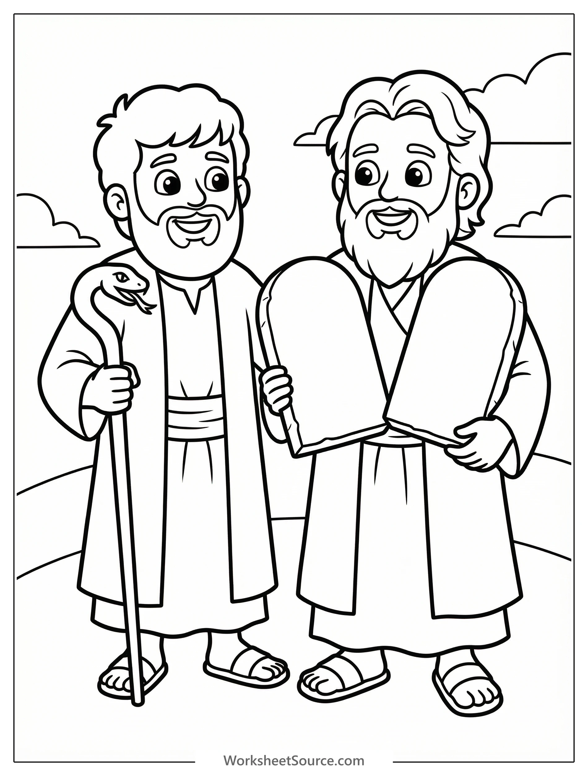 A black and white coloring page depicting Aaron and Moses standing together. Moses holds the Ten Commandments tablets and a staff. Aaron stands beside him.