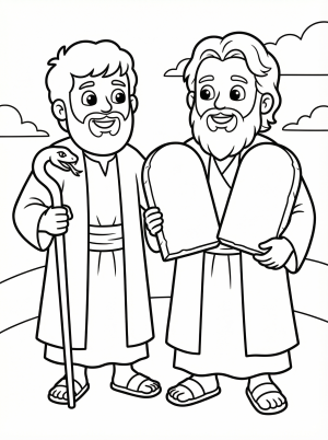 A black and white coloring page depicting Aaron and Moses standing together. Moses holds the Ten Commandments tablets and a staff. Aaron stands beside him.