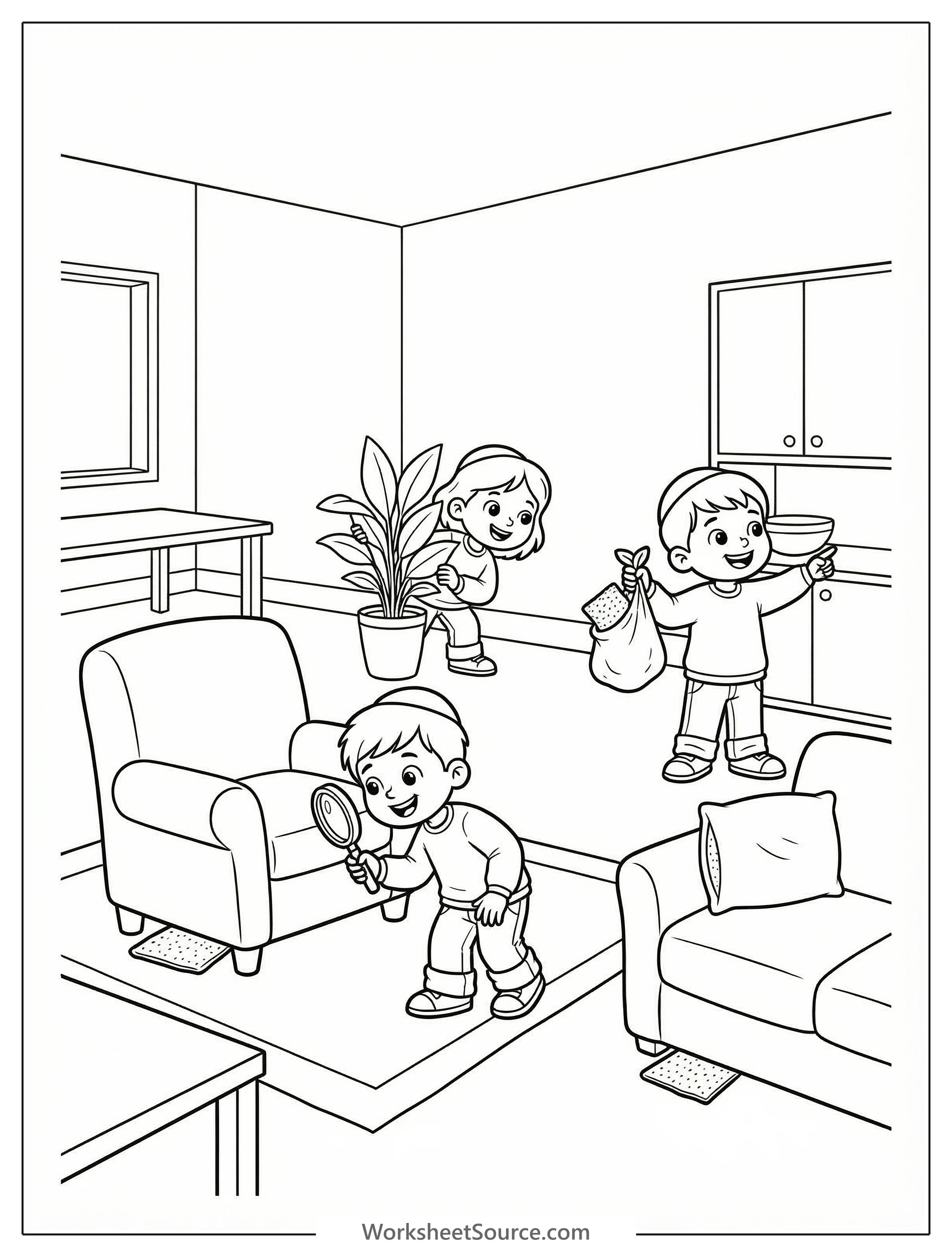 Two smiling children, a boy and a girl, excitedly search for the hidden afikomen matzah in a cozy living room, surrounded by furniture and toys.