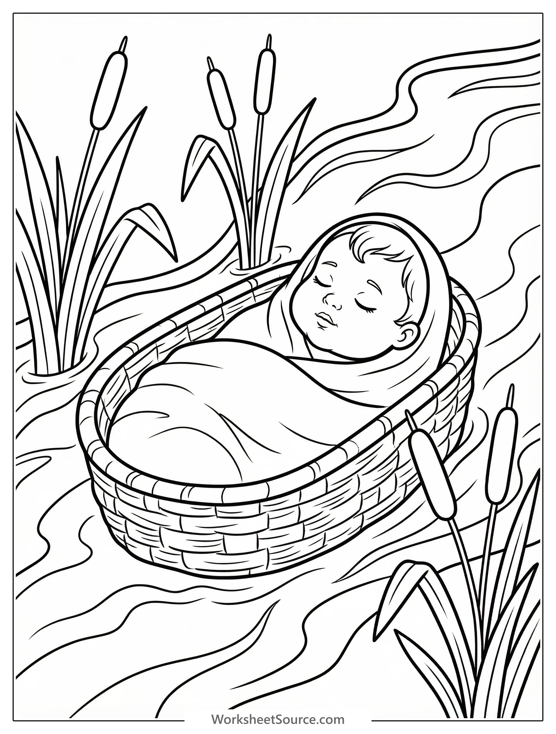Black and white outline of baby Moses in a woven basket, floating on a river among tall reeds under a starlit sky.