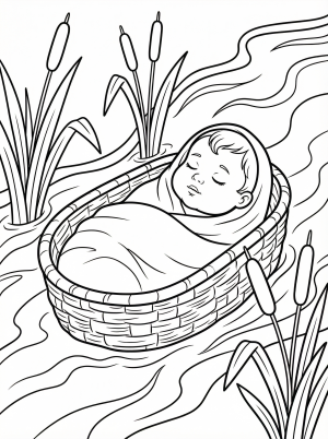 Black and white outline of baby Moses in a woven basket, floating on a river among tall reeds under a starlit sky.
