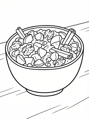 Line art illustration of a bowl of charoset with finely chopped apples, walnuts, and cinnamon sticks. The textured mixture is ready for coloring.