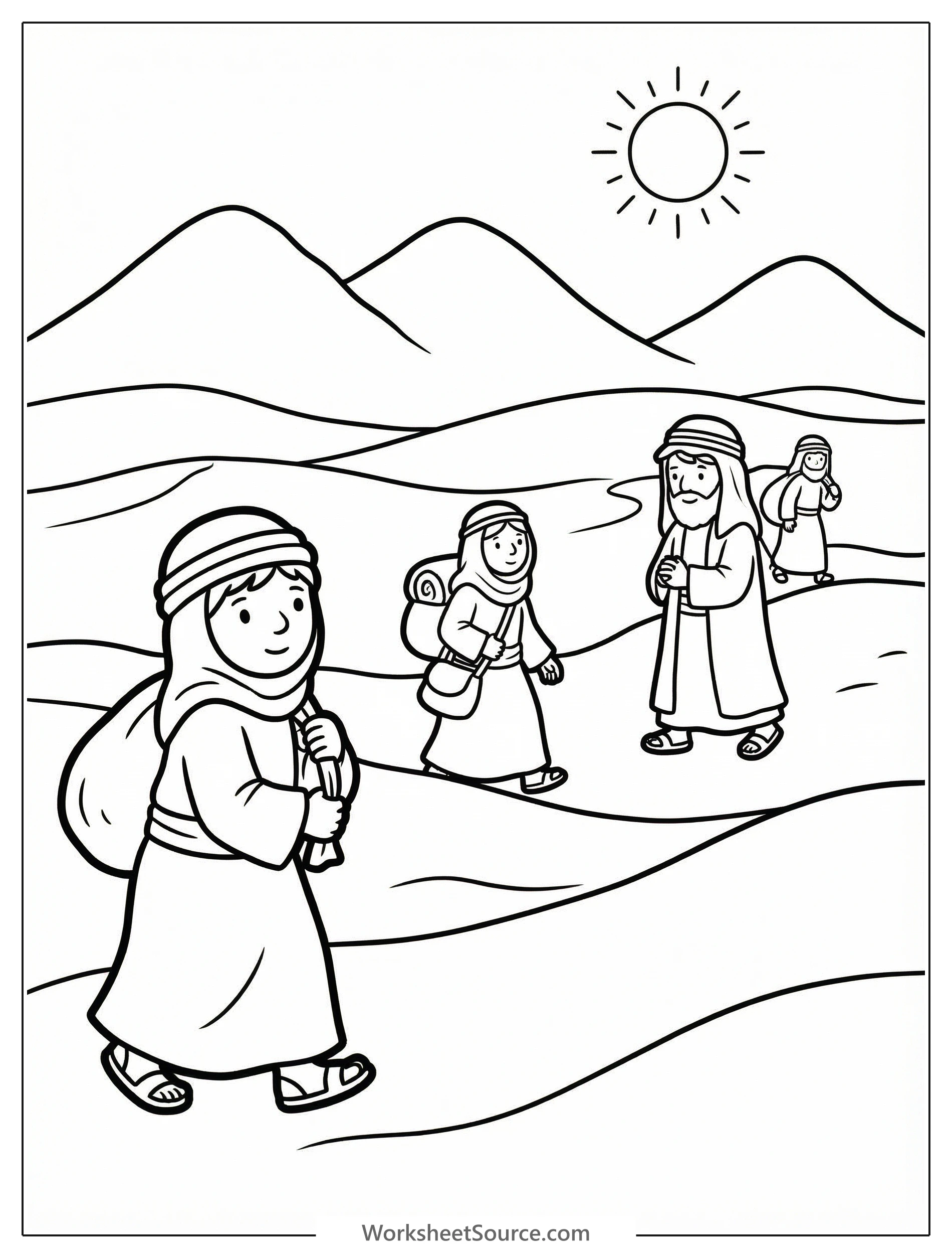 Black and white outline drawing of ancient Israelites journeying through a vast, arid desert landscape, with a long line of people walking towards distant, towering mountains.