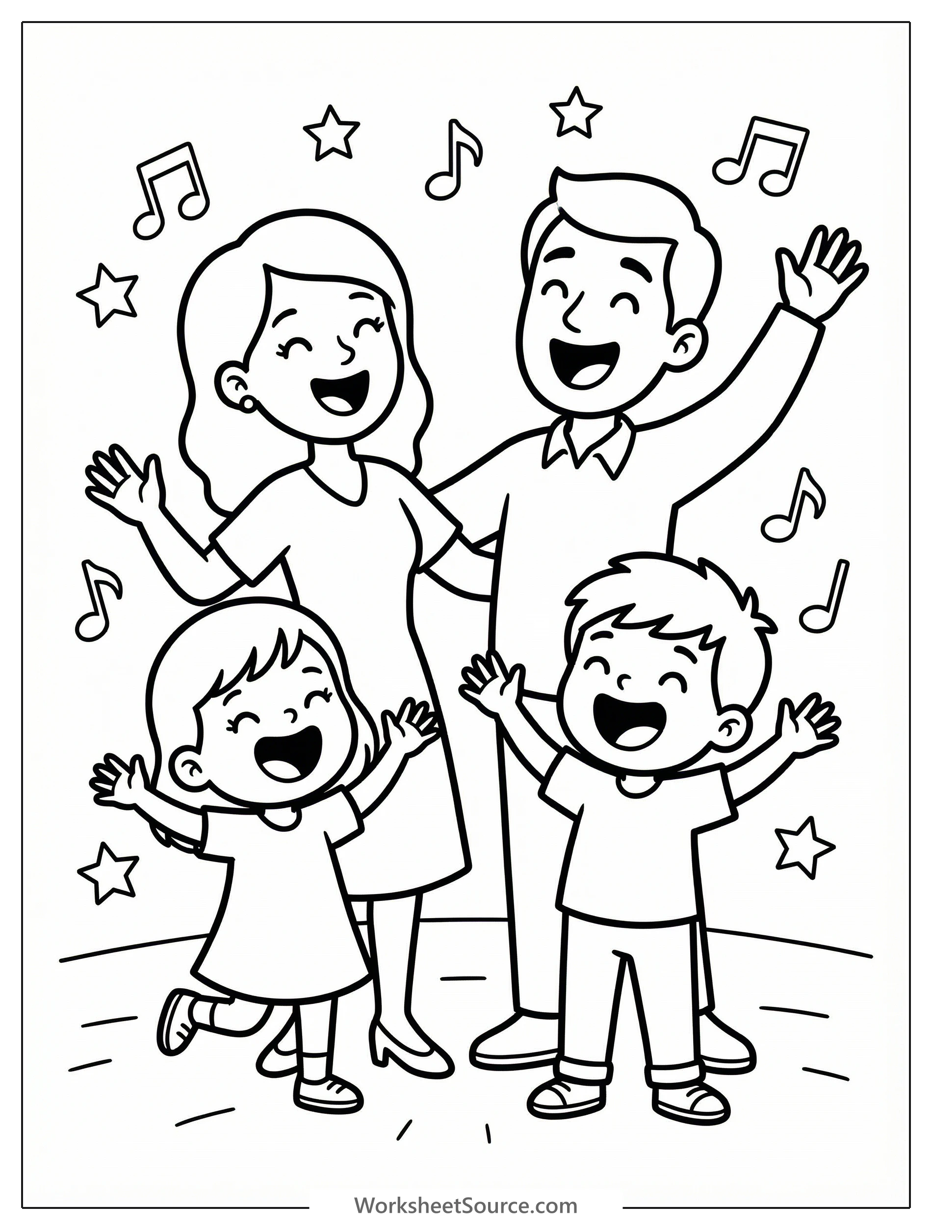 A joyful family, including parents and children, gathered around a table singing together with open mouths and musical notes floating in the air. A festive holiday scene.