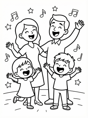 A joyful family, including parents and children, gathered around a table singing together with open mouths and musical notes floating in the air. A festive holiday scene.