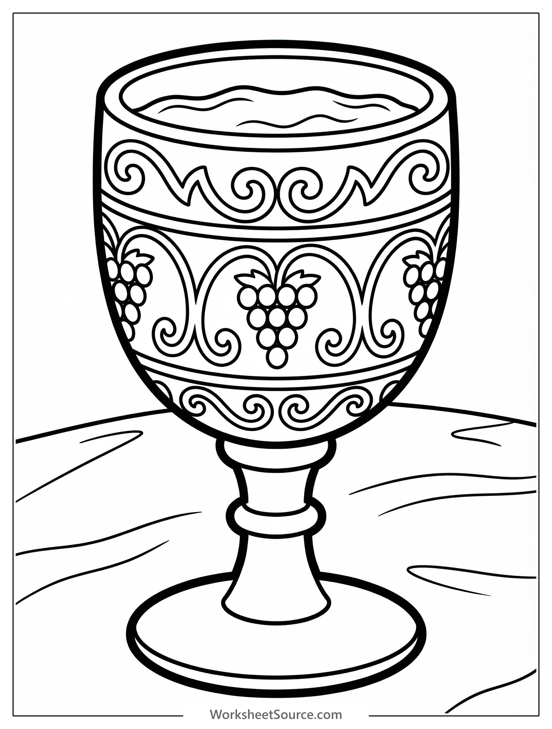 Line art of an ornate silver Kiddush cup, intricately patterned and full of wine, representing Elijah's Cup for Passover Seder, ready for coloring.