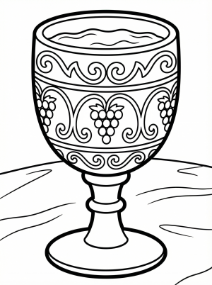 Line art of an ornate silver Kiddush cup, intricately patterned and full of wine, representing Elijah's Cup for Passover Seder, ready for coloring.