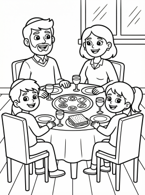 An illustrated scene depicting a family of various ages gathered joyfully around a Seder table, celebrating Passover with traditional foods, candles, and prayer books.