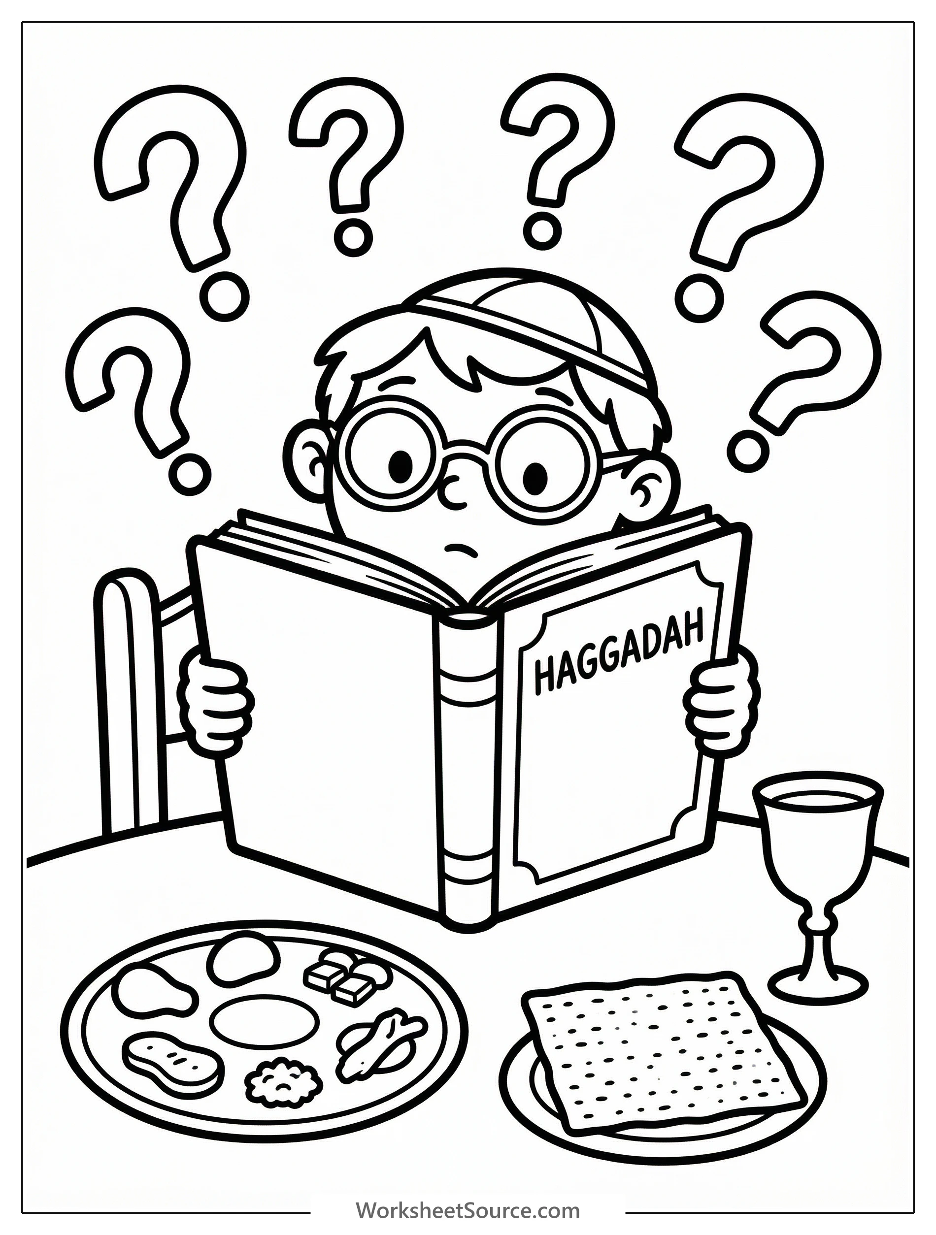 A young child, likely a boy, seated at a Seder table, thoughtfully reading aloud from an open Haggadah, illustrating the traditional Four Questions.