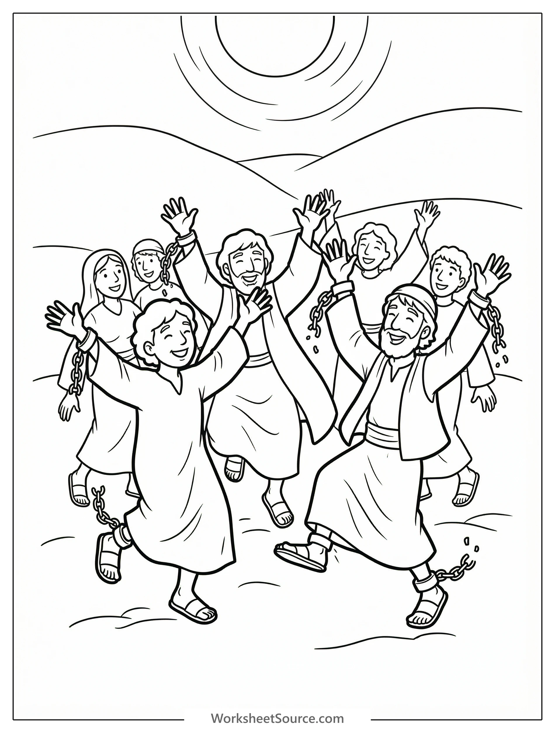 Line art of happy people dancing, hands raised in joyful celebration of freedom from slavery. Detailed scene depicting a community celebrating a Jewish holiday.