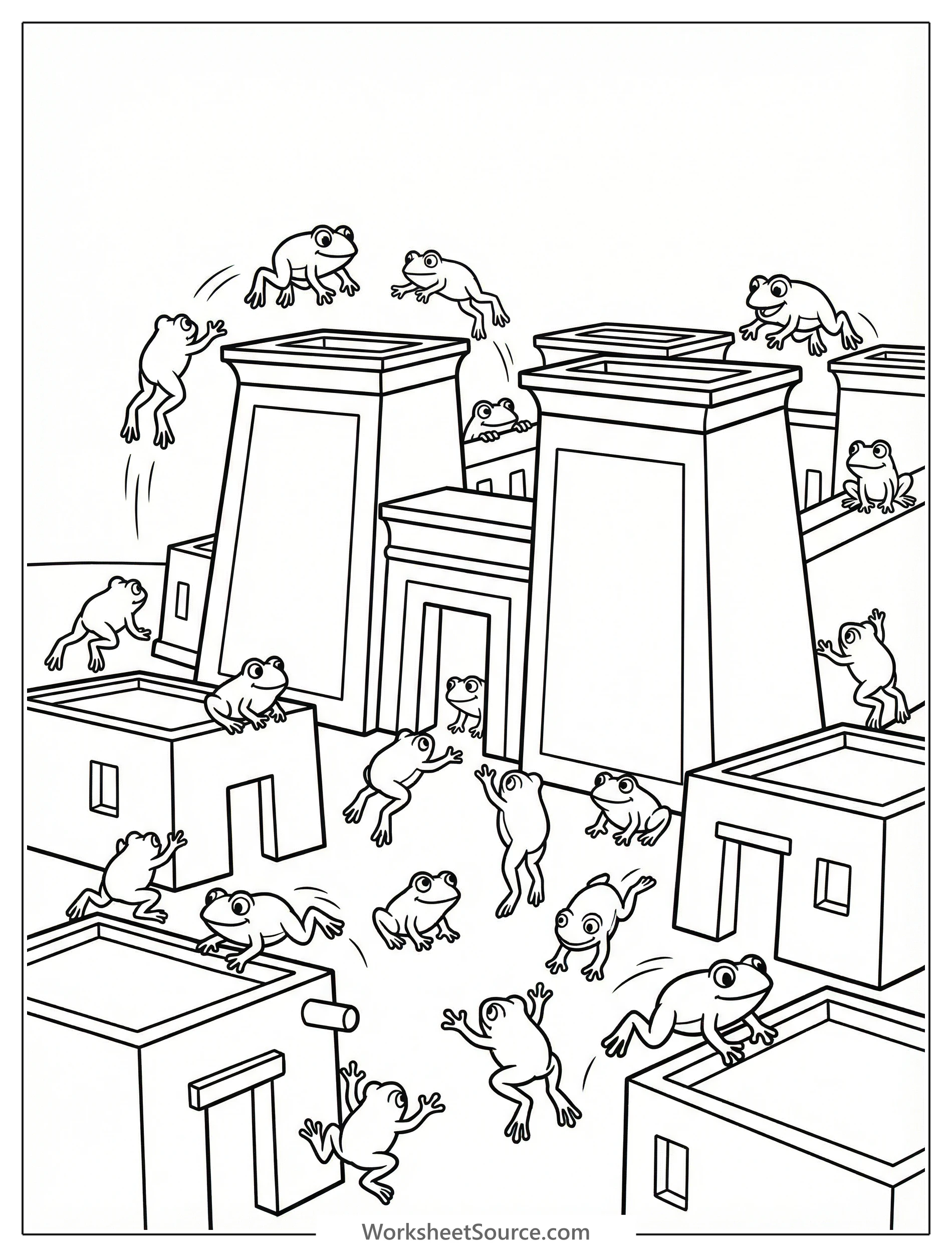 Outline drawing of numerous frogs of varying sizes hopping and sitting around a detailed ancient Egyptian palace and several smaller homes. Features palm trees and a river in the background.