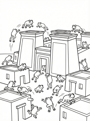 Outline drawing of numerous frogs of varying sizes hopping and sitting around a detailed ancient Egyptian palace and several smaller homes. Features palm trees and a river in the background.