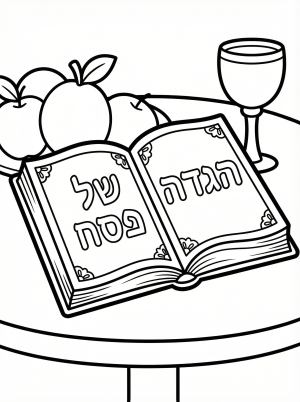 Decorated Haggadah book open on a table, displaying intricate Hebrew text and festive borders. Ready for coloring during Passover celebrations.