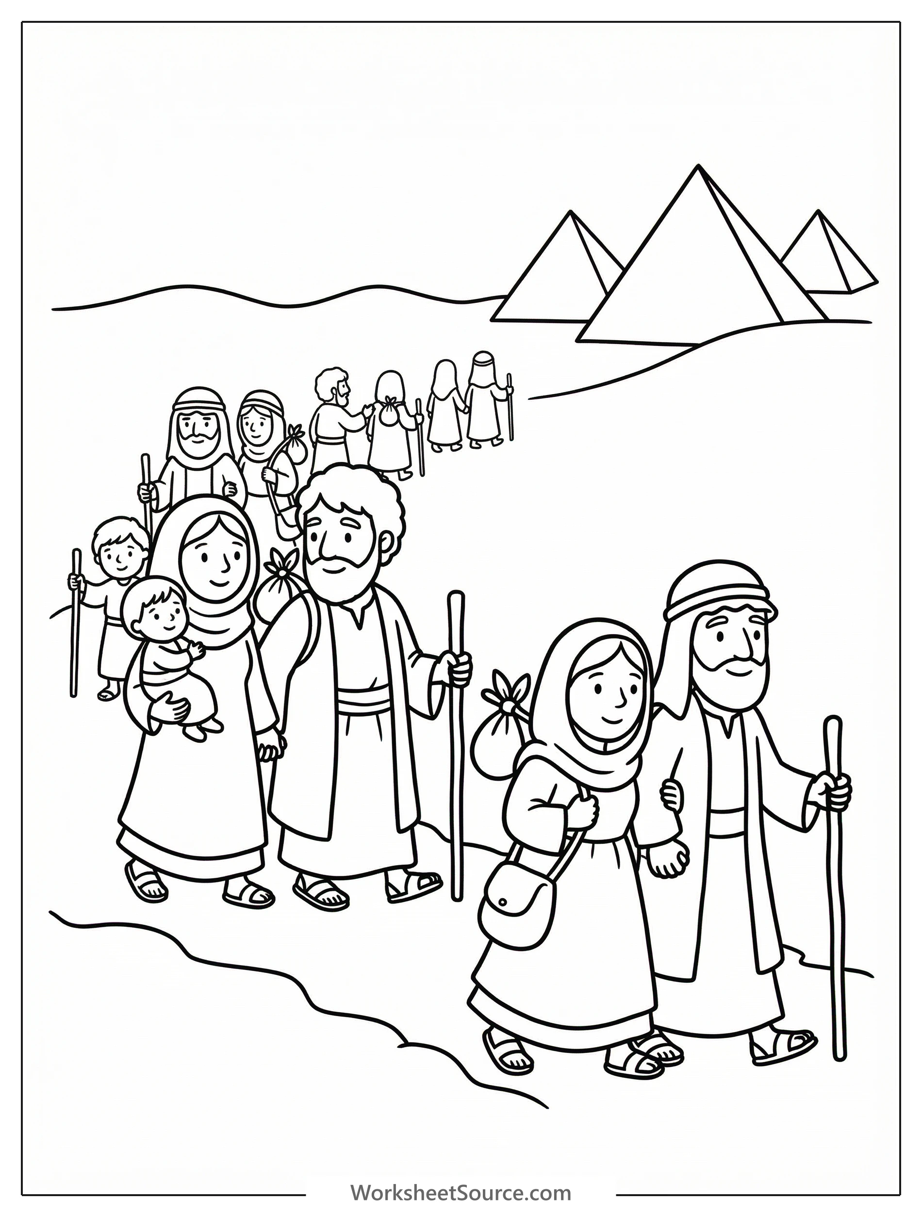 Families with children and adults walk away from ancient Egyptian pyramids and palm trees, carrying bundles. Visualizes the Israelites' journey leaving Egypt.