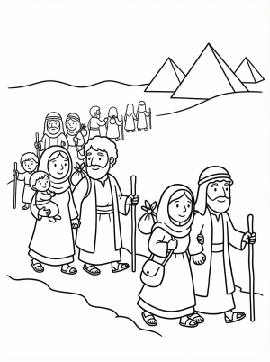 Families with children and adults walk away from ancient Egyptian pyramids and palm trees, carrying bundles. Visualizes the Israelites' journey leaving Egypt.