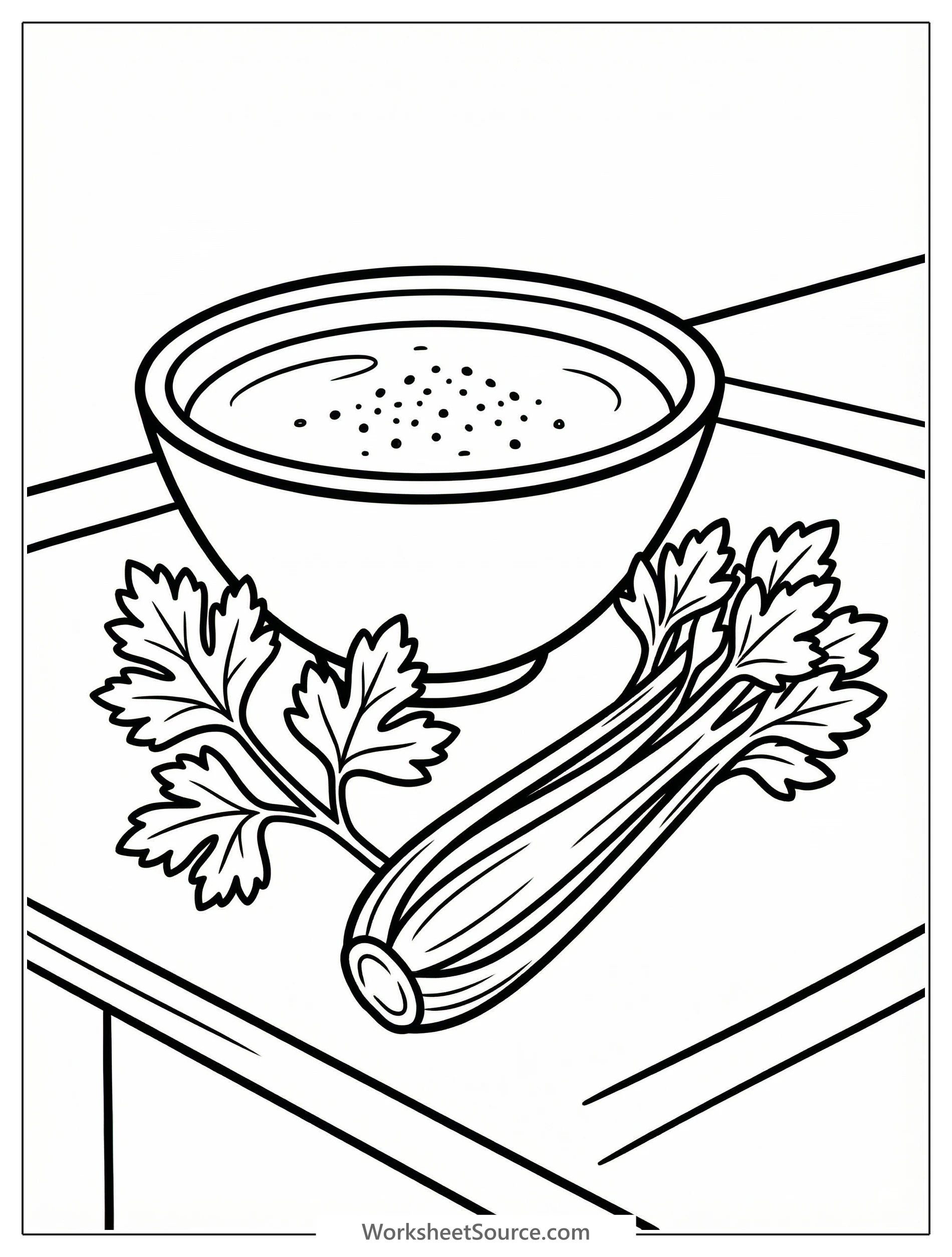An outline drawing suitable for coloring featuring parsley sprigs and celery stalks arranged beside a bowl filled with salt water, representing the Karpas ritual.